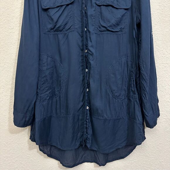 HOLDING HORSES ANTHROPOLOGIE Tunic Shirt Navy Blue Roll Tab Sleeve - Picture 5 of 11